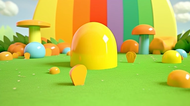 animation clipart : colourful backgrounds, mushroom backgrounds, grass, trees, in the style of playstation 5 screenshot, ambient occlusion, rainbowcore, circular shapes, yellow and green, adorable toy sculptures, selective focus,highly,details,32k uhd
