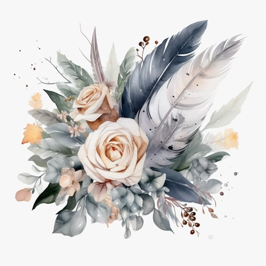 Watercolor dusty greay and white feathers bouquet clipart white background no text wedding style eligible for transparent background