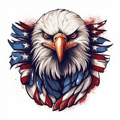 Red white and blue American Flag Eagle Clipart on plain white background with thin black outline