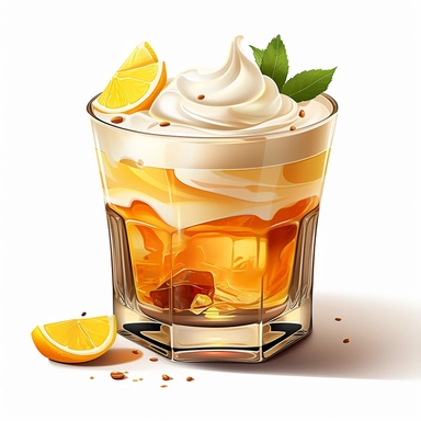 Sharp Illustration of a Whiskey Sour Cocktail clipart aginst white background, illustration style, vibrant colors, unreal engine 5, detailed illustration, high resolution, high quality, solid white background