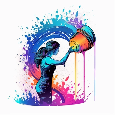 aquarius pouring water zodiac in the style of colorful splatter graffiti pouring water from his shoulder, sticker, clipart, vector, contour, colorful messy paint, white background