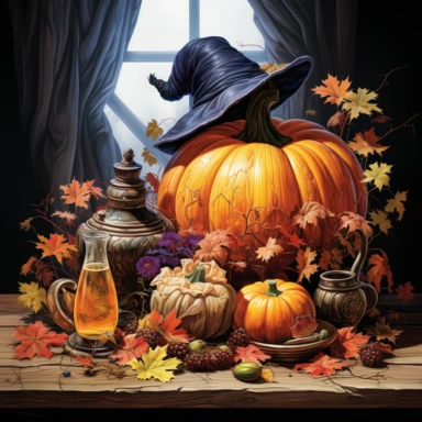 an svg vector clipart image of a Halloween still life oil painting inside an organic shape, Thomas Kincade style, hyper realistic, plain white background