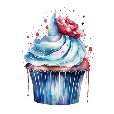 realistic fantasy magical gothic cupcake watercolor clipart, have the cupcake with floral, blue red and grean, white background