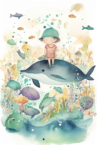 A 5 years old boy and a dolphin are swimming joyfully with turtle and fishes, isolated on white background, clipart, loose, watercolor gouache, textured, paper, naive folk art, whimsical, in the style of Lilla Rogers agency illustrator, isometric perspective, storybook style, pastel color, subtle patterns, stripes, dots, floral