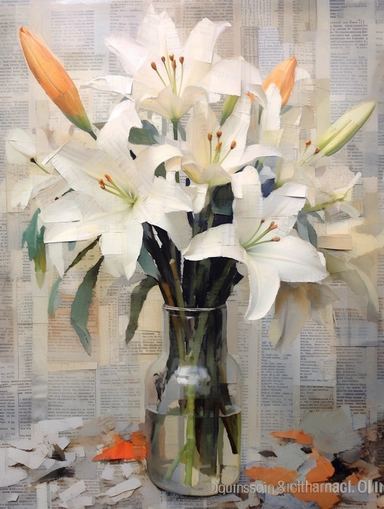 a painting of White lilies, in a vase on a collage of newspapers, by Ruth Hollingsworth, pinterest contest winner, impressionism, newspaper clipping, matthew stewart, Eucalyptus leaves, Thick coating, bible illustration, very small brushstrokes, malcolm hart, biblical art, etsy, offhand, clean sharp focus, high detail,Crazy details, 8k @233694@