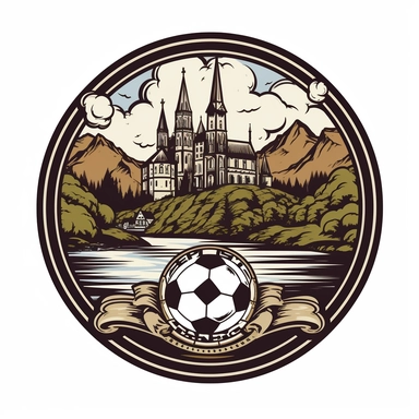 :https://share-your-photo.com/img/930e7201f5.png epic soccer club logo, with a big river with a hill and a cathedral on it in the background, clipart sticker, 3d, colours only black and white, painted with a pencil