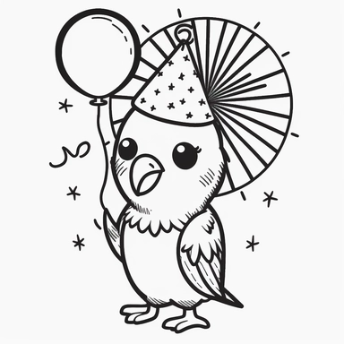 black and white clipart cute sun parakeet with birthday hat holding a balloon