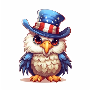 cute bald eagle wearing a patriotic tophat, clipart, independence day, chibi, isolated on a white background
