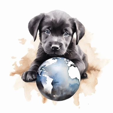 Watercolor puppy playing, with ball that resembles a world globe Clipart - cute puppy , Colour of black and silver, white background, vector art, high definition, clip art, ar 2:2