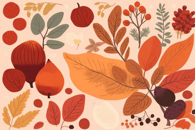 autumn, acorn, berries, pumpkins and leaves clip art, in the style of harriet lee-merrion, nature-based patterns, colorful animation stills, grandma moses, naturecore, adventurecore