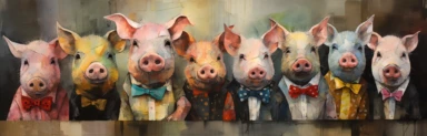 a line of cute miniature pigs, a collage of mixed media art made with tissue paper, magazine and newspaper clippings, oil paint, graphite pencil lines and fabric, in the style of playful surrealism, whimsical, washi tape