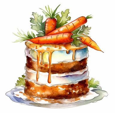 one watercolor clip art Carrot cake on a white background, in the style of animal figurines, texture-rich, multilayered collages, lively tableaus, use of paper, cabincore, uhd image , no watermark, text, words, paintbrush, 300 DPI, typography, the images do not stick together, no text in the picture