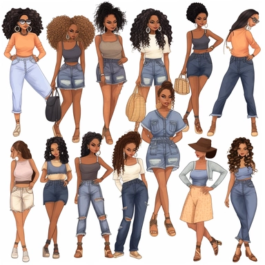 Denim girl clipart, Denim clipart, Fashion girl clipart, wearing denim shorts, brown leather sandals, Jeans Girl Clipart, African American clipart, Afro girls clipart, Clipart, ultra realistic, hand drawn,wearing the white crop tops, all with beautiful bright smiles, Full body. Clothing line, retail fashion, 2023, fashionnova, African american, mid sized models. Highly detailed. very attractive, glamorous, make up beautiful, gorgeous, glowing make - up. full body and heels. multiple outfits. ind