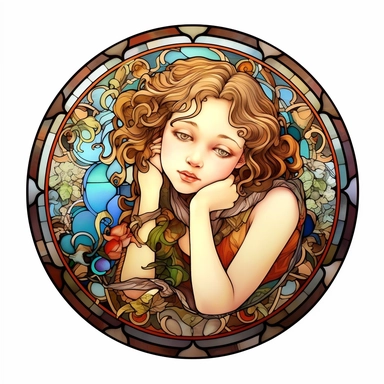 Vintage Cute Beautiful Round Stained Glass girl Sublimation Clipart, Cartoon, hyper realistic, intricate detail, illustration style, high solution, on the white background