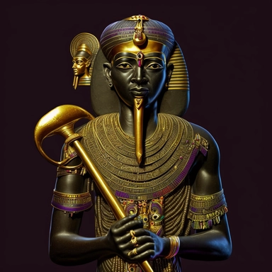 clipart style, black Nubian Egyptian God PTAH, IN SKULL CAP, GOLDEN BODY SUITE AND GOLD COLLAR, WITH BOTH HANDS HOLDING ANKH TOP STAFF, 8k polished and focused photography detailed intricate unreal engine 5 bright top lighting in the style of Lisa Frank and charlie bowater and rus trans