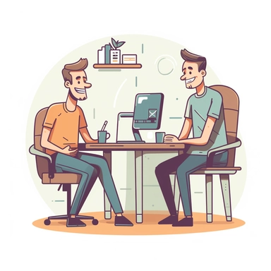 a young employee in front of the computer in the office while his partner is chatting beside him with a coffee, clipart style, light pastel