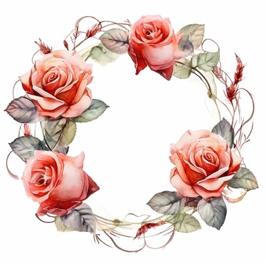clipart style watercolor roses in a circle frame