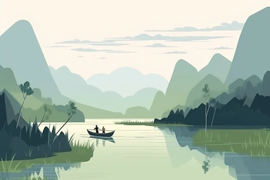 Mountains vector file. Forest landscape clipart. Camping and travel print.People guide their boats through tranquil, water color-like green reeds and algae on the Karatoya River in Bogra, Bangladesh Vector flat illustration