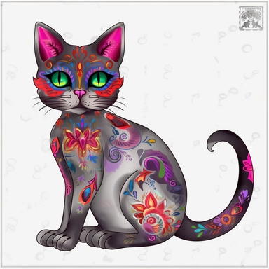 Colorful Cat Sugar Skull PNG Day of the Dead Instant kitty , outlined 10 cm thick, black, no shadows on the ground, whimsical illustrations, realistic watercolors, detailed illustrations cartoon full body, clipart PNG, transparent white background