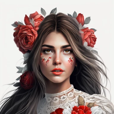 Striking boho girl in clipart style, hair cascading to one side adorned with detailed roses on one side, captivating large eyes and full lips, gazing directly at the camera, Portrait style, white minimalist background, 8K rendering