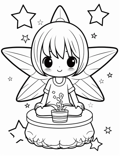 Kawaii fairy sitting on a toadstool and sprinkling magic dust For Simple Coloring page,line art, thick lines, black and white,clipart, illustration, on white background,Detailed,Details