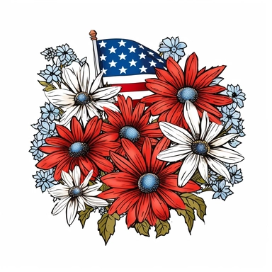 American Flag red white and blue daisies clipart with thin black outline on plain white background