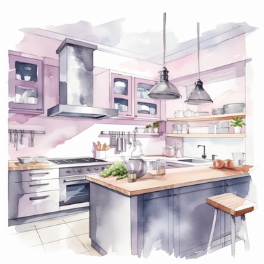 watercolour modern kitchen, clipart on white background, no watermark, highly detailed, professional color gradation, clean sharpness