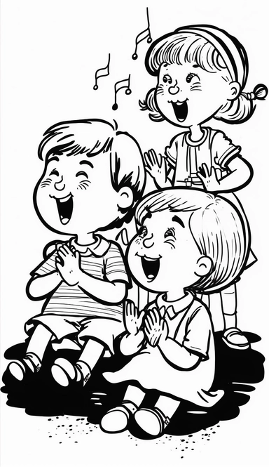 old cartoon drawing style grayscale coloring page of happy children sitting on the floor singing with their music teacher, grayscale clipart illustration, simple lines, kids coloring page