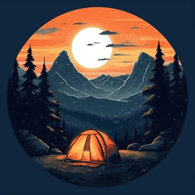 tent in the mountains, night time, moon, nature, clip art, illustration, clipart, camp fire, in a circle, beautiful sky