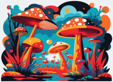 Expressionist Landscape Painting: magic mushrooms, Vibrant Colors, Intense Emotions, Fauvism, art deco,, red fly agaric mushroom, chanterelles, pop art deco nouveau, flat 2d vector design, illuminati priestess, clipart, detailed trace