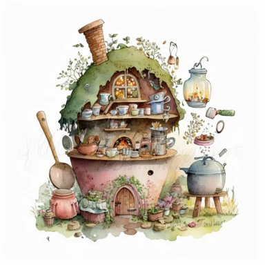 a hyper-detailed illustration watercolor clipart of a whimsical kitchen of a fairy house built out of natural materials by a human,complete kitchen utensil and kitchenware and foods in preparation watercolor illustration, illustration style a combination of Beatrix Potter and Tove Jansson,isolated on white background with margins, cut-out images