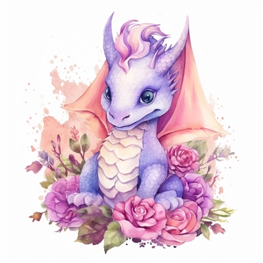 Watercolor fantasy baby dragon clipart full body, sitting, surrounded by flowers, pink and purple color palette, hand painted, white background