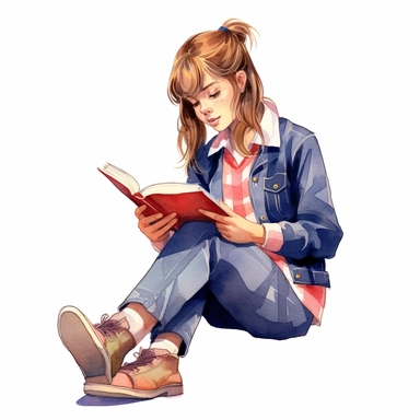 Watercolor ultra realistic and illustration of cute school girl reading book, Clipart, white background