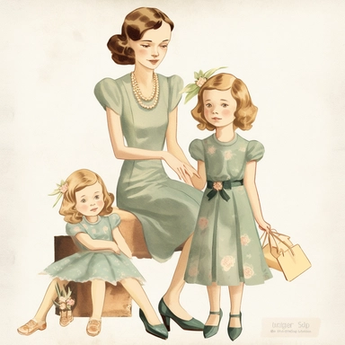 mother's day clipart, mom and daughter, vintage clothes