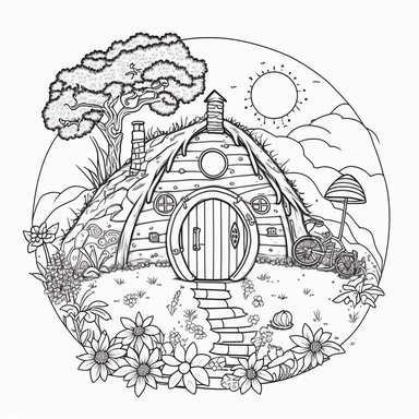 Coloring book page for kids, a hobbit house in a hill, clipart, cartoon kids style hand drawn line art, black and white