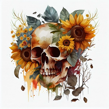 Skull with sunflowers ( Skull: divided into 2 parts along the vertical axis, half is sunflower, half is 1/2 skull), Watercolor Clipart, details