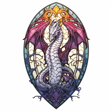 Gothic arched doorway window,minimalist stained glass-inspired artwork with an dragon, showcasing transparency, simplicity, and luminous light colors in a stained glass style clipart on a white background. light colors simlisistic design Translucent effects add enchantment to the dragon within the arched doorway window.