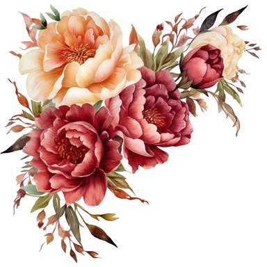 clear watercolor burgundy and peach peonies in corner arrangement border, hyper detailed, high definition, ultra realistic, clipart, white background,