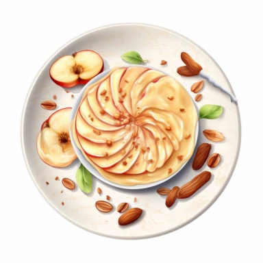 Isolated Watercolor ultra realistic and hyper detailed illustration of a dish Apple Slices with Almond Butter on a round plate, clipart, white background. Top view, shooting from above, camera from above