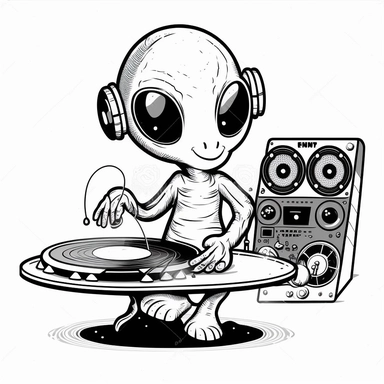 cute clipart An alien DJ mixing music on a set of glowing turntables with speakers emitting sound waves. with aliens on alien planet coloring book with no background, thick, clear, lines, only black and white