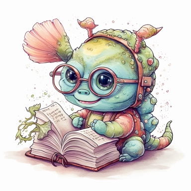 kawaii adorable fantasy book worm wearing cute glasses, nursery art, clipart image, line art image, white background, inspired by yoshitaka amano art, very detailed, 8k