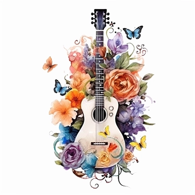 clipart de guitarra española con mariposas y flores, acuarela, 16k, hiper minimalista, megapixel, full color, super detailed,insanely detailed and intricate, ultra detallado