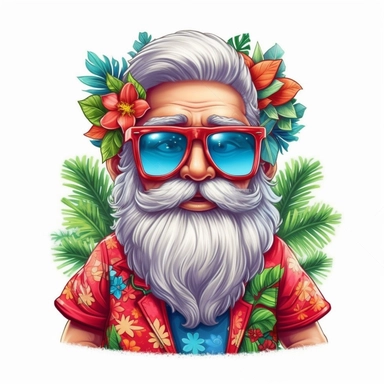 cute santa claus wearing a Hawaiian shirt and sunglasses, clipart Sublimation Clipart,Cartoon,hyper realistic, intricate detail, illustration style,high solution,on the white background