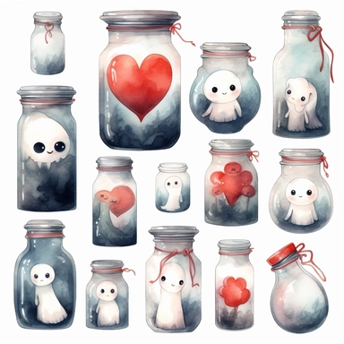 Collection of little flying baby ghost face, transparent glass jar and red love heart. Hand drawn watercolour graphic drawing on white, cutout clip art elements for print, invitations, banners, cards