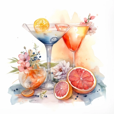 dreamy realistic watercolor flatlay of martini, paloma, aperold spritz, and citrus drinks at a bar during the summer at restaurant in the city with floral arrangements, purses, lipstick, floral arrangement, during golden hour, bright and light pink, pale peach, fade to blue boho style, muted color palette, white background, isolated on white, 8k, high detailed