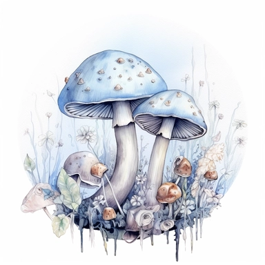 mushroom motif , Magic Mushrooms, Watercolour Mystical Mushrooms Clipart, lacey, framed with sky, fantasy branch and twig frame, pastel blue, woods framing, under the sky dome, Fantasy, watercolor illustration, aquarellist, white background, clipart