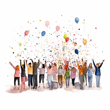 watercolor, Happy people celebrating birthday with confetti, balloons, party hats and horns. Holiday celebration concept. Men and women rejoicing together. png Full body realistic cartoon in 32K UHD cute. 15 cm thick outline. Black color. There was no shadow on the ground. 8k with realistic watercolors and detailed illustrations. PNG clipart, transparent white background