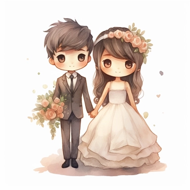 full body Little bride and groom, Watercolor Clipart, strybk, full Illustration, 4k, sharp focus, watercolor, smooth soft skin, symmetrical, soft lighting, detailed face, concept art, muted colors, watercolor style, strybk, children's style fairy tales, chibi kawaii, . Octane rendering, 3d. Perfect face, detailed face, delicate face, perfect sharp lips, detailed eyes. Craig Davison, Aubrey Beardsley, Conrad Roset, Aikut Aidogdu, Agnes Cecil, watercolor style