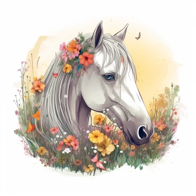 hyperrealistic, beautiful white horse head, grass and wild flowers with sun, cartoon style, no background, no shading, white background, funny and fruit, fantasy, Realistic colorful magic musroom, clipart background, sticker, drawing, fantasy, lot of details, psychedelic, no watermark, pink,