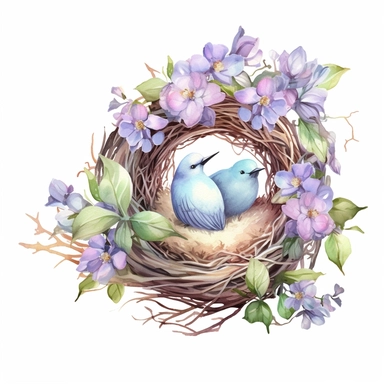 Highly detailed watercolor clipart, floral Bird Nests springtime cute birds and blossoms, , fantasy, highly detailed, fantasy cartoon illustration, greenery, alcohol ink, Watercolor, UHD, 8K, 3D